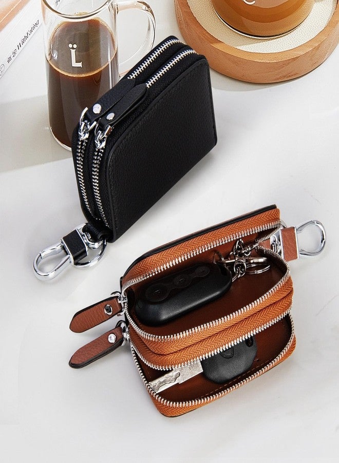 UVKDEENK 2 Pack Double Zipper Car Key Case, Retro Leather Car Key Fob Holder, Women Key Organizer with Metal Hook Keyring, Mens Vintage Key Coin Bag Black Brown - Image 5